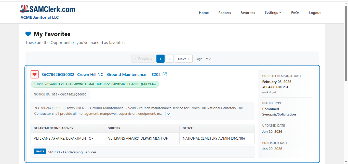 Favorites dashboard preview showing saved opportunities