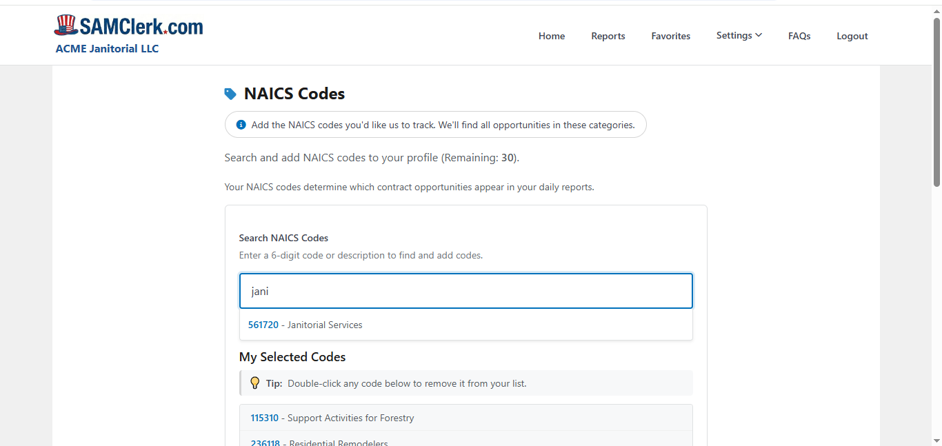 NAICS codes browser preview showing industry classifications