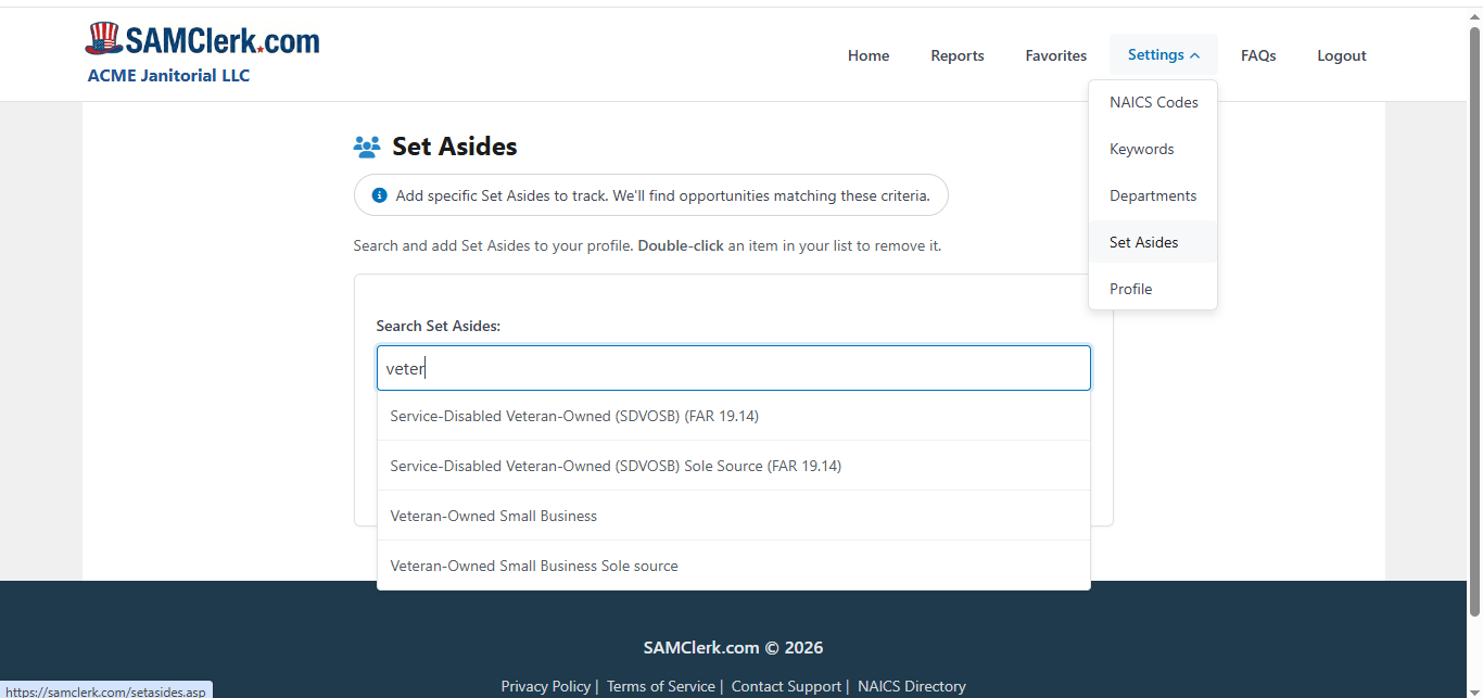Set asides manager preview showing set-aside options